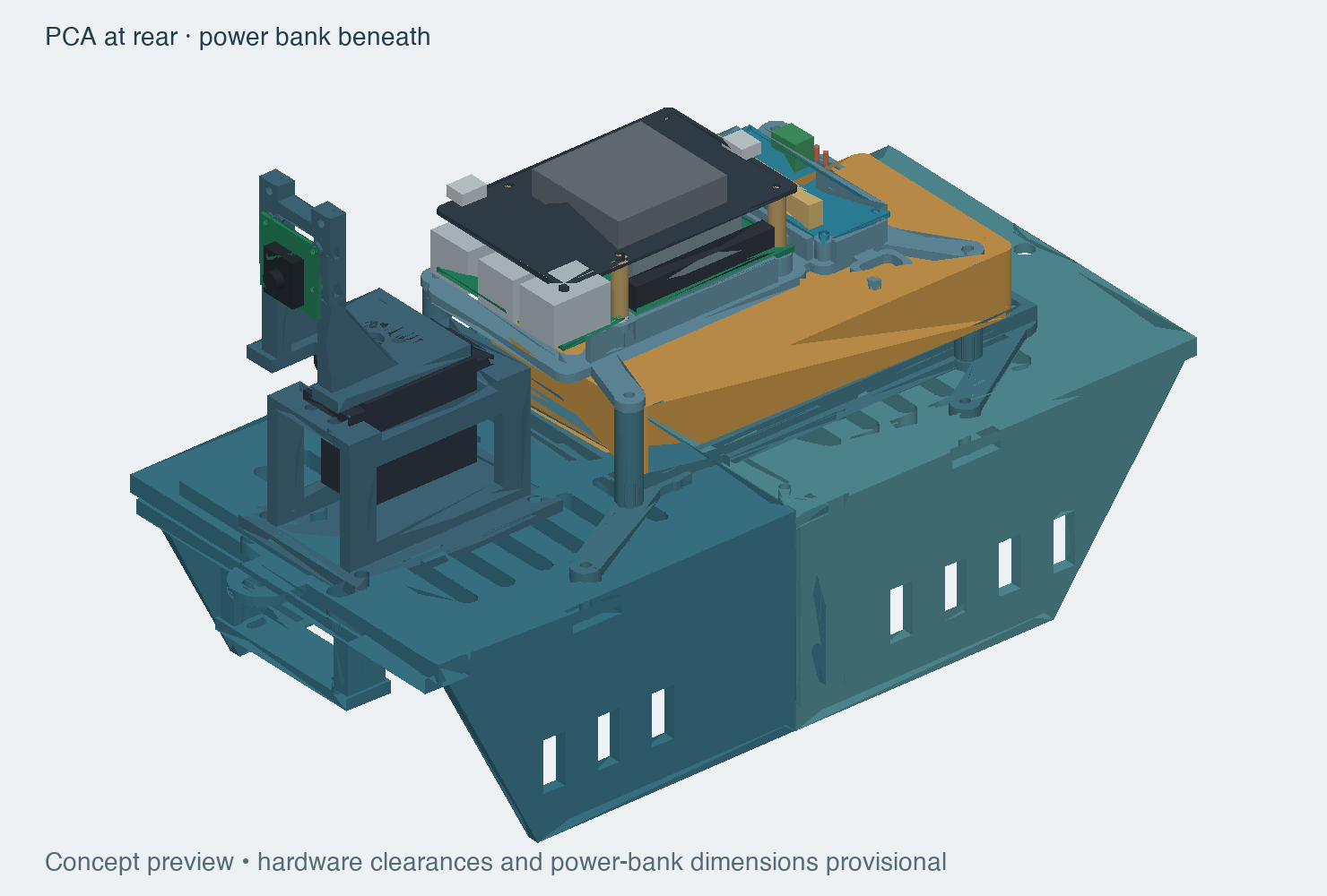 Earlier CAD review showing the rover electronics and battery support assembly